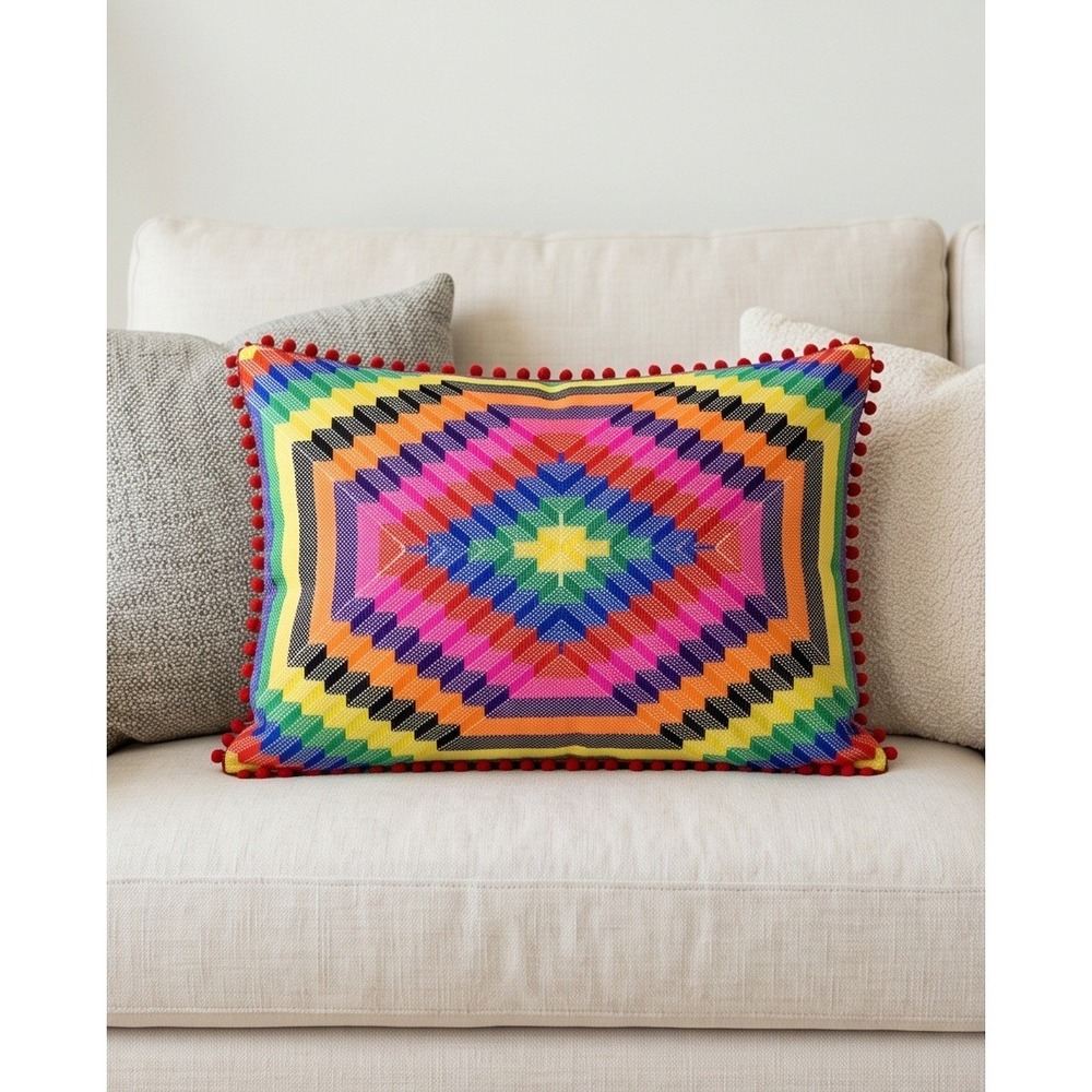 Ignite Woven Pillow Cover Colorful Geometric Design Decor Red Back 23x16‎ NEW